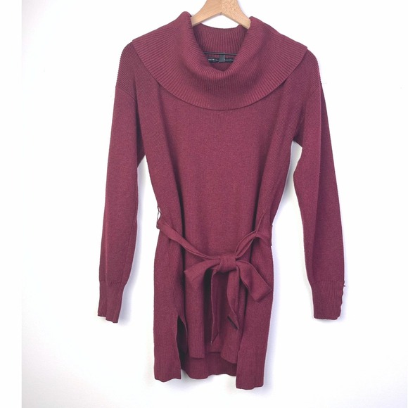 White House Black Market Burgundy Cowl Neck Belted Sweater Dress Size M - Picture 2 of 8